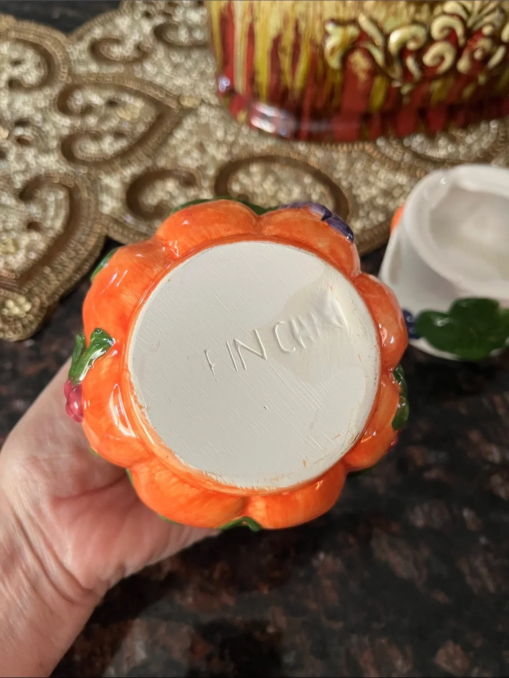 Hand-Painted Orange Pumpkin Ceramic Votive with Purple Grape Accent